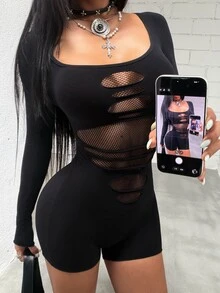 Jeanoix Women's Sexy Hot Girl Style Black Mesh Distressed Long Sleeve Tight Jumpsuit - Black - View 3