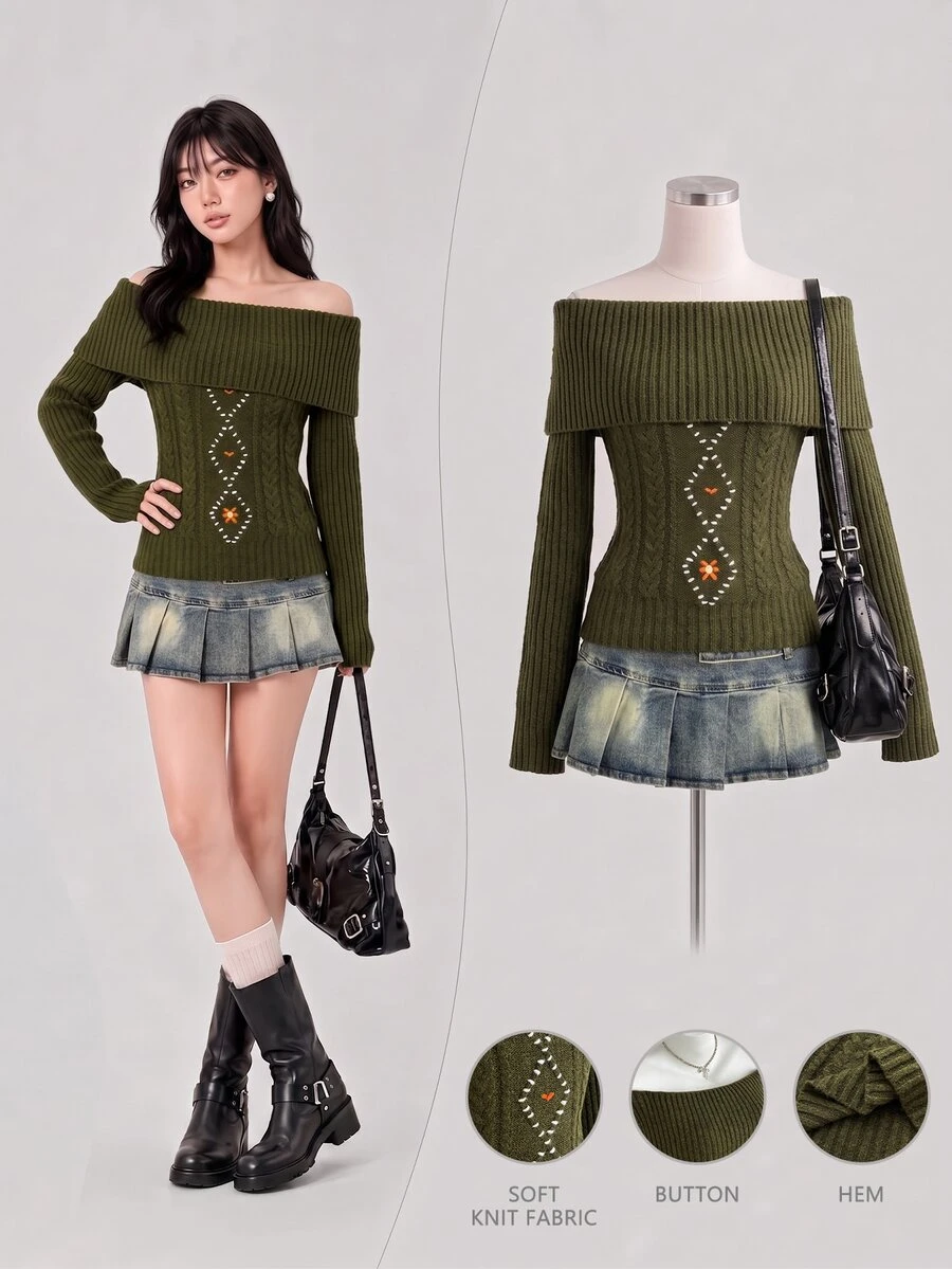 Elamini Sweater Rajut Lengan Panjang Motif Kabel Bordir Bahu Terbuka untuk Wanita, Nuansa Vintage, Serbaguna - Hijau Tentara - View 1