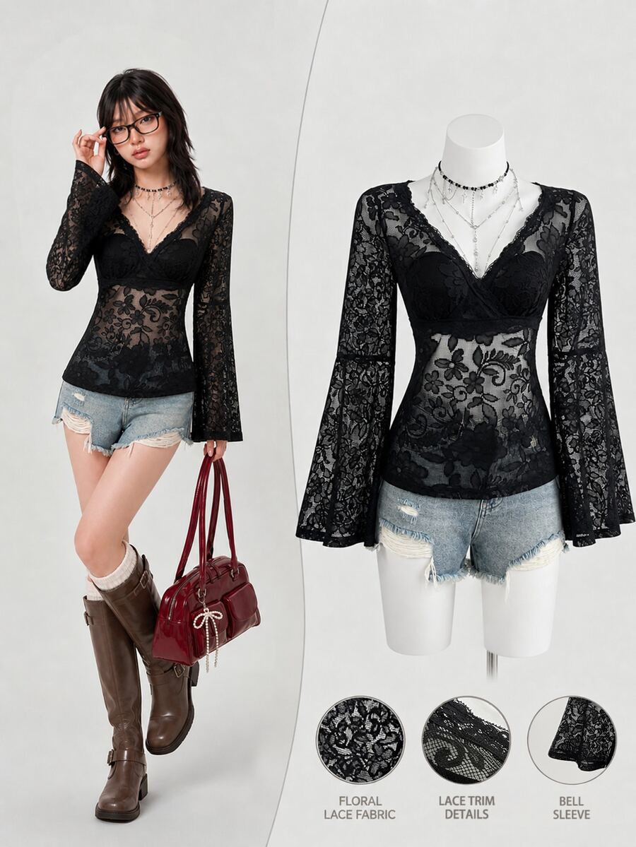 Elamini Blus Seksi Wanita Leher V dengan Motif Bunga dan Renda, Lengan Lonceng - Hitam - View 1