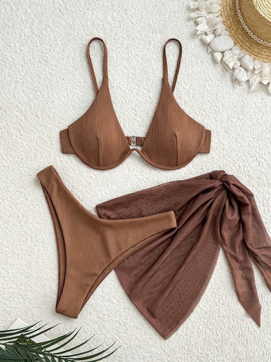 Swim Basics 3pcs Set: Solid Color Underwire Bikini Top & Knotted Skirt Swimwear - Brown - View 1