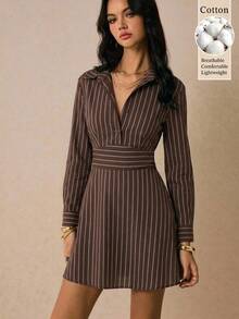 Poéselle Women's Striped Long Sleeve Casual Shirt Mini Dress - Coffee Brown - View 1