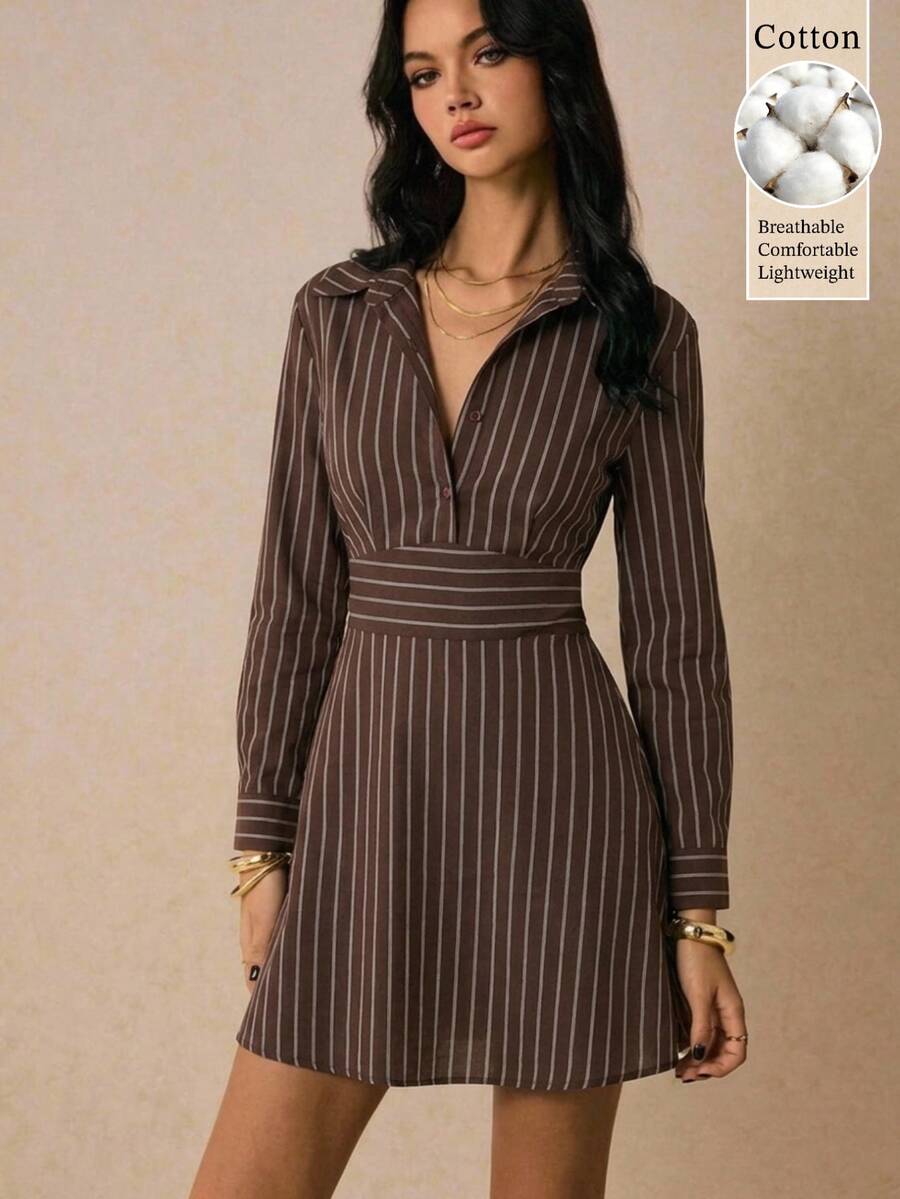 Poéselle Women's Striped Long Sleeve Casual Shirt Mini Dress - Coffee Brown - View 1