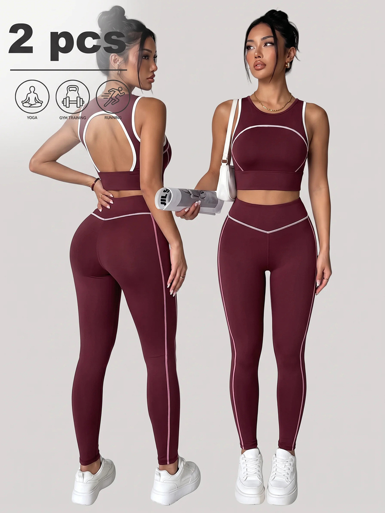 SHEIN Velisys طقم رياضي للنساء يتكون من توب بدون ظهر وسروال ضيق - عنابي اللون - مشاهدة 2