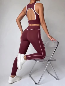 SHEIN Velisys Setelan Olahraga Wanita: Tank Top Tanpa Punggung dan Legging - Burgundy - View 4
