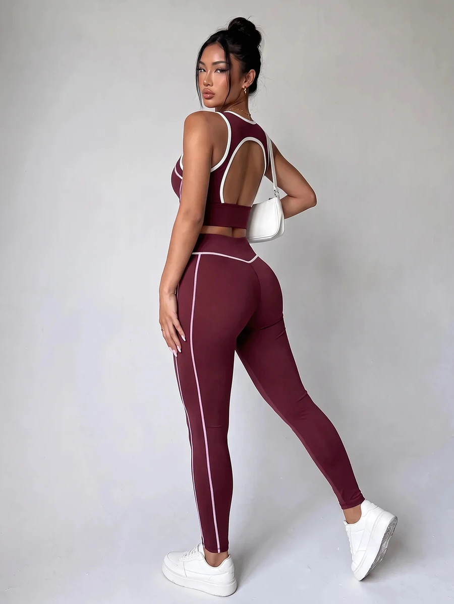 SHEIN Velisys Setelan Olahraga Wanita: Tank Top Tanpa Punggung dan Legging - Burgundy - View 1