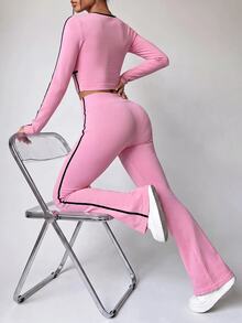 SHEIN Unity 2pcs/Set Women's Pink Knit Seamless Comfortable Elastic Yoga Running Cycling Fitness Outdoor Casual Wear Suitable For Spring Summer Autumn Winter - Pink - View 2