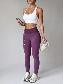 SHEIN Unity Legging Ketat Kasual Wanita Motif Huruf untuk Aktivitas Luar Ruangan Sehari-hari - Purple - View 5