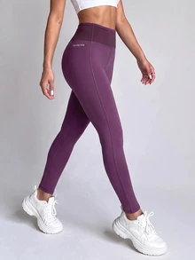 SHEIN Unity Legging Ketat Kasual Wanita Motif Huruf untuk Aktivitas Luar Ruangan Sehari-hari - Purple - View 1