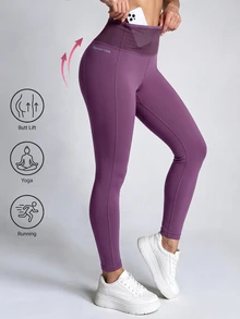 SHEIN Unity Legging Ketat Kasual Wanita Motif Huruf untuk Aktivitas Luar Ruangan Sehari-hari - Purple - View 3