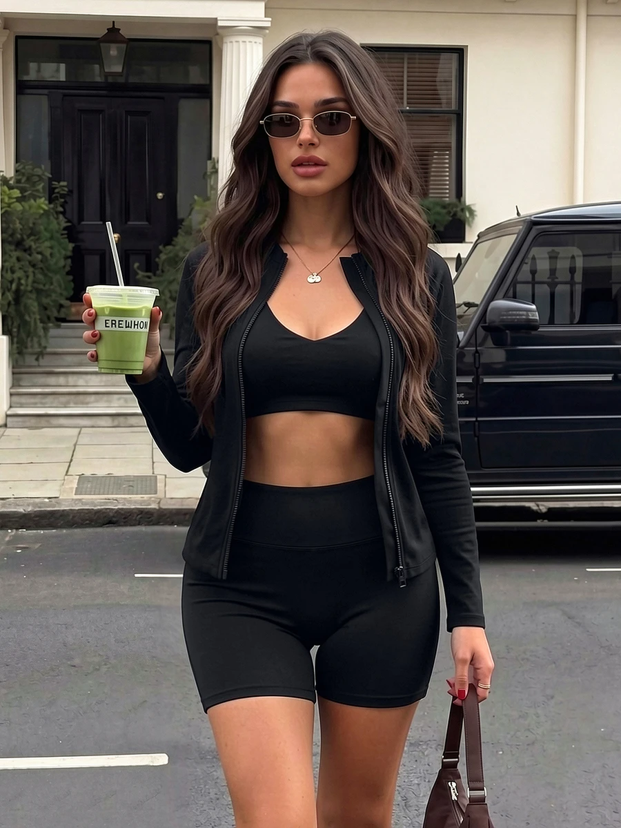 SHEIN Sports 3件套女士纯色休闲运动瑜伽健身拉链外套、背心和短裤套装 - 黑色 - 查看 1