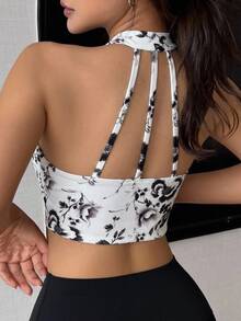 DAZY Floral Pattern Seamless Padded Backless Sports Bra For Women - Black and White - View 1