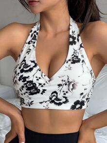 DAZY Floral Pattern Seamless Padded Backless Sports Bra For Women - Black and White - View 2