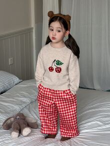 DAZY Infant/Toddler (Girl) Round Neck Casual Long Sleeve Sweater + Plaid Korean Style Loose 2 Pieces Set Loungewear - Apricot - View 5