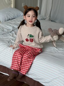 DAZY Infant/Toddler (Girl) Round Neck Casual Long Sleeve Sweater + Plaid Korean Style Loose 2 Pieces Set Loungewear - Apricot - View 9
