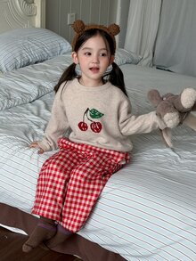 DAZY Infant/Toddler (Girl) Round Neck Casual Long Sleeve Sweater + Plaid Korean Style Loose 2 Pieces Set Loungewear - Apricot - View 8