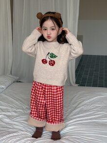 DAZY Infant/Toddler (Girl) Round Neck Casual Long Sleeve Sweater + Plaid Korean Style Loose 2 Pieces Set Loungewear - Apricot - View 4