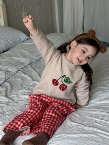 DAZY Infant/Toddler (Girl) Round Neck Casual Long Sleeve Sweater + Plaid Korean Style Loose 2 Pieces Set Loungewear - Apricot - View 3