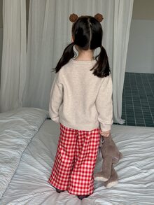 DAZY Infant/Toddler (Girl) Round Neck Casual Long Sleeve Sweater + Plaid Korean Style Loose 2 Pieces Set Loungewear - Apricot - View 2