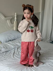 DAZY Infant/Toddler (Girl) Round Neck Casual Long Sleeve Sweater + Plaid Korean Style Loose 2 Pieces Set Loungewear - Apricot - View 1