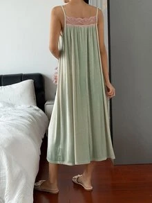 DAZY 女款蕾絲拼接細肩帶無袖長洋裝睡裙 - 綠色 - 查看 2