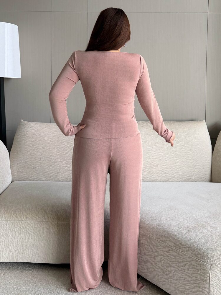 Dazy Plus Solid Color Contrast Lace V-Neck Long Sleeve Elegant Pants 2-Piece Set Spring Summer Autumn Pink Pajama Set - Pink - View 2