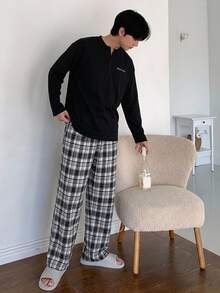 DAZY Summer Letter Print T-Shirt & Plaid Pants Men's Loungewear Set - Multicolor - View 7