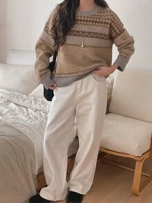 DAZY Plaid Loose Fit Long Sleeve Crew Neck Women's Sweater - Apricot - View 2