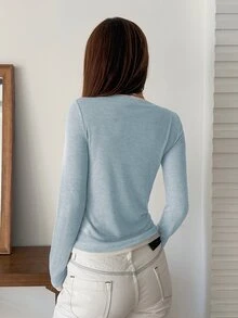 DAZY Women's Patchwork Contrast Color Faux Two Pieces Crew Neck Long Sleeve Casual Street Vacation Spring Autumn Base Layer T-Shirt - Blue - View 2