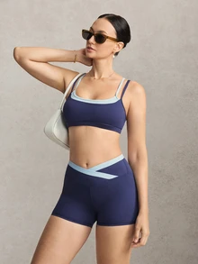 Activina Women's Navy Blue & Light Blue 2 In 1 Tank Top & Capri Length Leggings Sports Set - Navy Blue - View 5