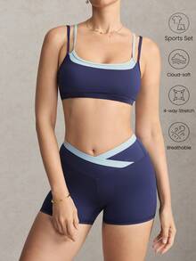 Activina Women's Navy Blue & Light Blue 2 In 1 Tank Top & Capri Length Leggings Sports Set - Navy Blue - View 8