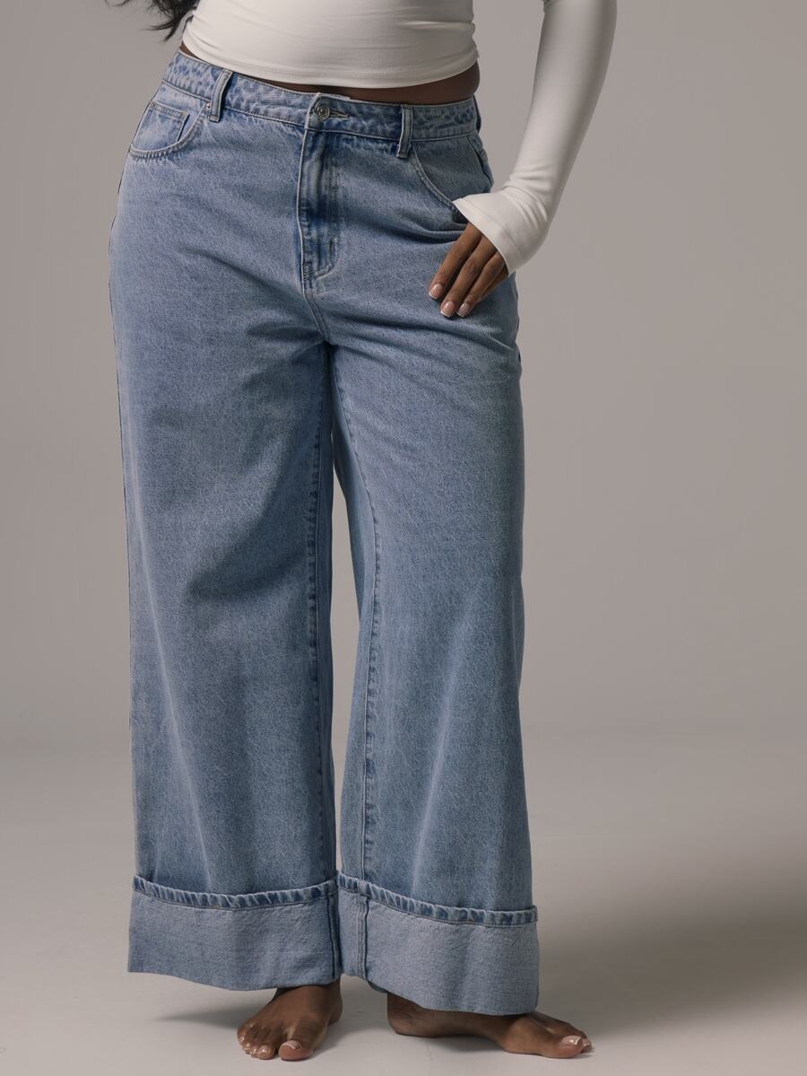 MUSERA Plus Blue Denim Mid Rise Straight Leg Foldover Hem Jeans Casual Cool Basic Fall Winter Autumn - Blue - View 1