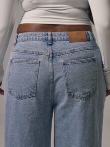 MUSERA Plus Blue Denim Mid Rise Straight Leg Foldover Hem Jeans Casual Cool Basic Fall Winter Autumn - Blue - View 6