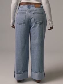 MUSERA Plus Blue Denim Mid Rise Straight Leg Foldover Hem Jeans Casual Cool Basic Fall Winter Autumn - Blue - View 5