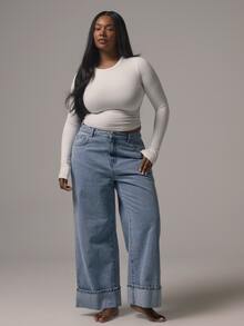 MUSERA Plus Blue Denim Mid Rise Straight Leg Foldover Hem Jeans Casual Cool Basic Fall Winter Autumn - Blue - View 2