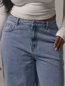MUSERA Plus Blue Denim Mid Rise Straight Leg Foldover Hem Jeans Casual Cool Basic Fall Winter Autumn - Blue - View 3