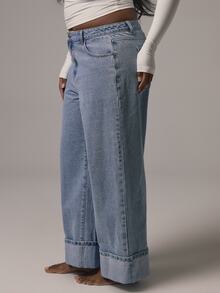 MUSERA Plus Blue Denim Mid Rise Straight Leg Foldover Hem Jeans Casual Cool Basic Fall Winter Autumn - Blue - View 4