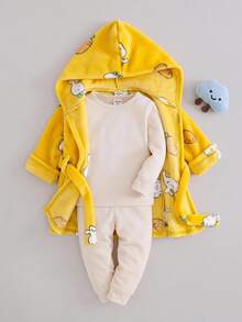 SHEIN 男嬰毛絨長袖連帽居家服，可愛舒適，秋冬款 - 黃色 - 查看 4