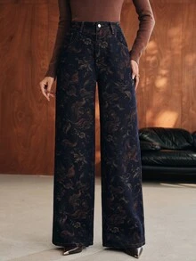 Anewsta Women's New Fashion Jacquard Blue Straight Leg Jeans - Blue - View 6