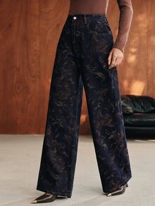 Anewsta Women's New Fashion Jacquard Blue Straight Leg Jeans - Blue - View 5