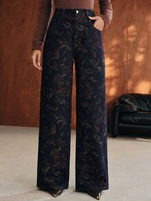 Anewsta Women's New Fashion Jacquard Blue Straight Leg Jeans - Blue - View 7
