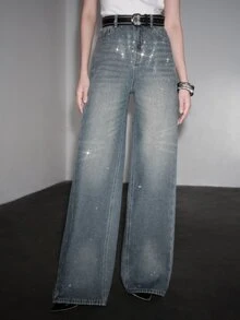Anewsta Heavy Rhinestone Starry Sky Thermal Lined Denim Jeans - Blue - View 2