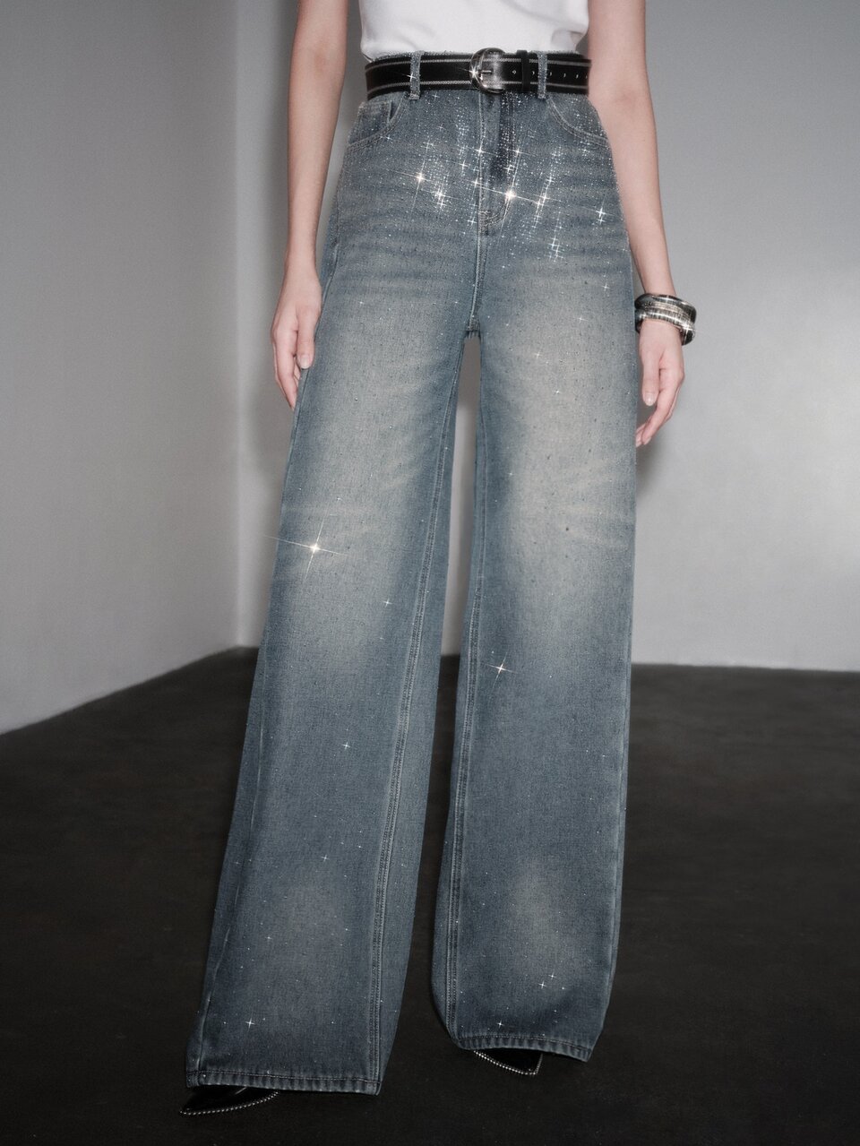 Heavy Rhinestone Starry Sky Thermal Lined Denim Jeans