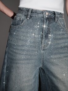 Anewsta Heavy Rhinestone Starry Sky Thermal Lined Denim Jeans - Blue - View 3