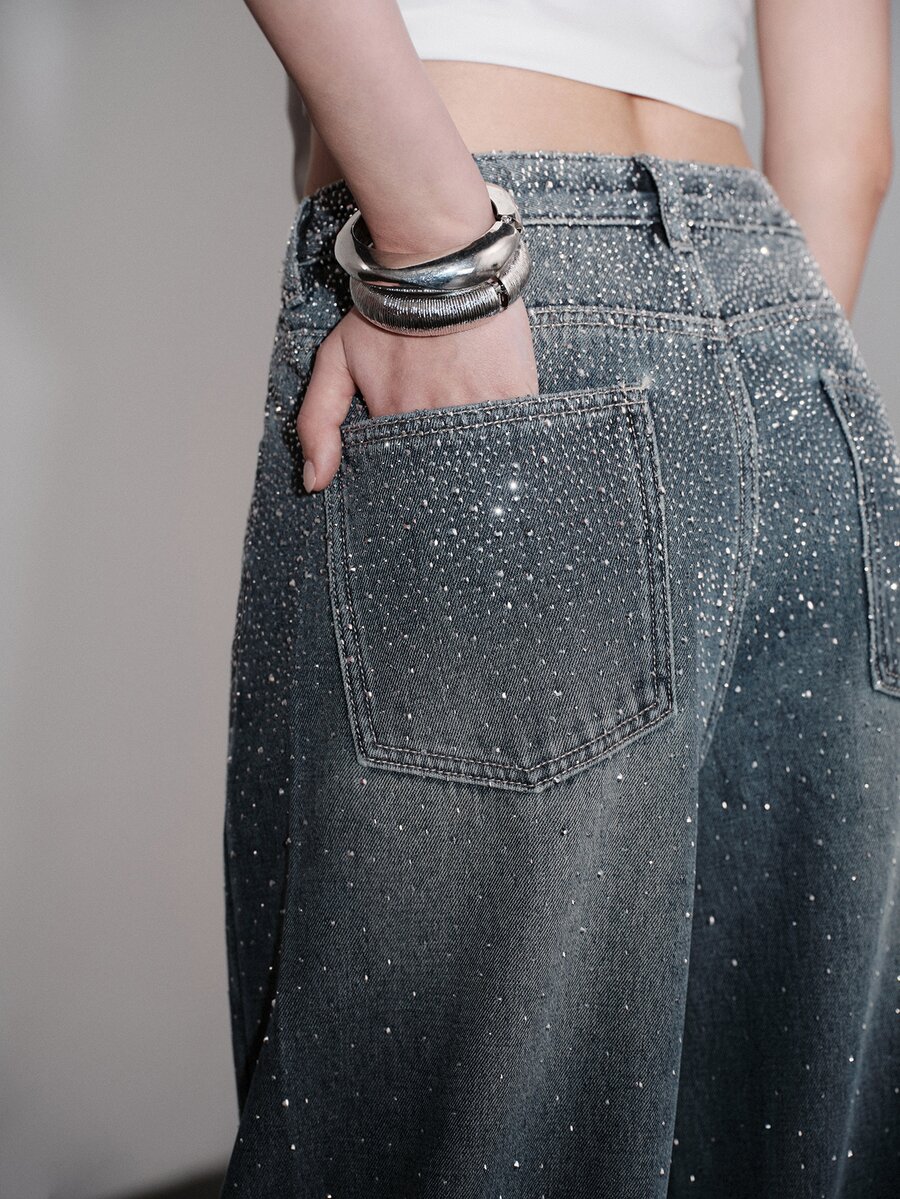 Anewsta Heavy Rhinestone Starry Sky Thermal Lined Denim Jeans - Blue - View 1
