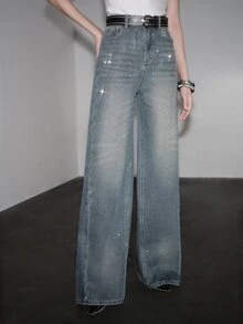 Anewsta Heavy Rhinestone Starry Sky Thermal Lined Denim Jeans - Blue - View 6