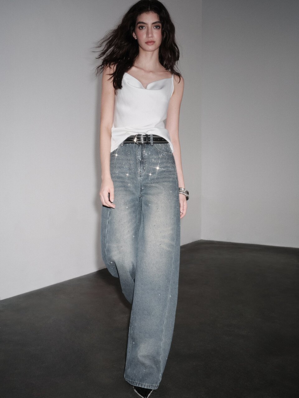 Heavy Rhinestone Starry Sky Thermal Lined Denim Jeans