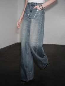 Anewsta Heavy Rhinestone Starry Sky Thermal Lined Denim Jeans - Blue - View 4