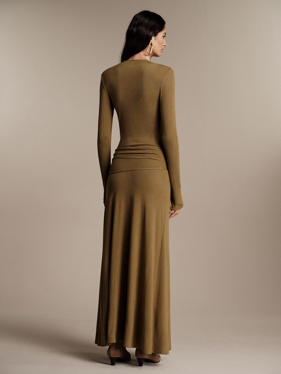 Anewsta Essential Autumn/Winter New High-Quality Standard Size Women's Fashion Pleated Waist-Cinched Long Sleeve Slim Fit Flattering Elegant Draped Long Mermaid Dress