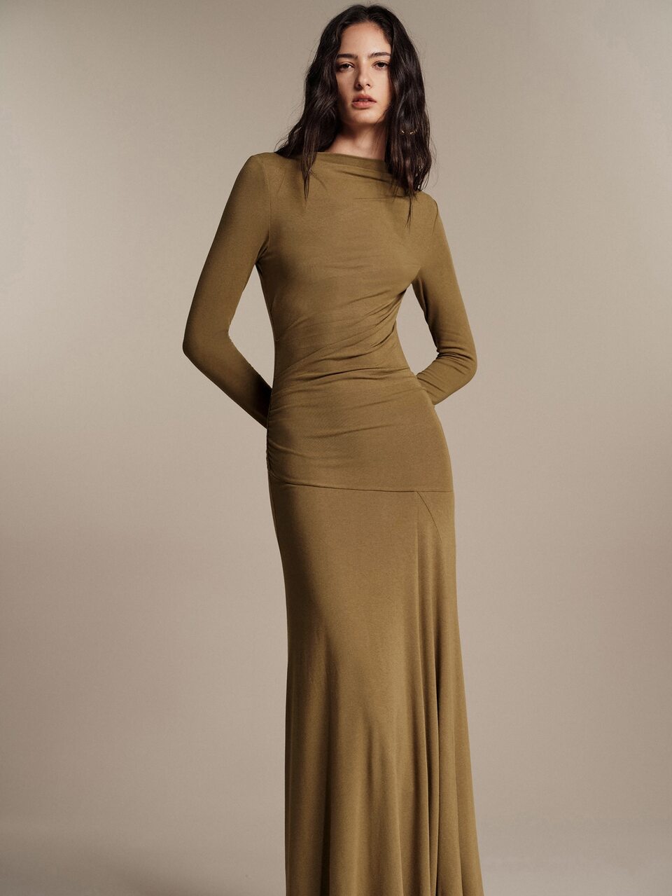 Anewsta Essential Autumn/Winter New High-Quality Standard Size Women's Fashion Pleated Waist-Cinched Long Sleeve Slim Fit Flattering Elegant Draped Long Mermaid Dress
