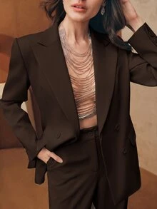 Anewsta Essential 休閒慵懶老錢風女款翻領長袖西裝外套 + 高腰垂墜直筒女款西裝褲附腰帶 女套裝 - 棕色 - 查看 5